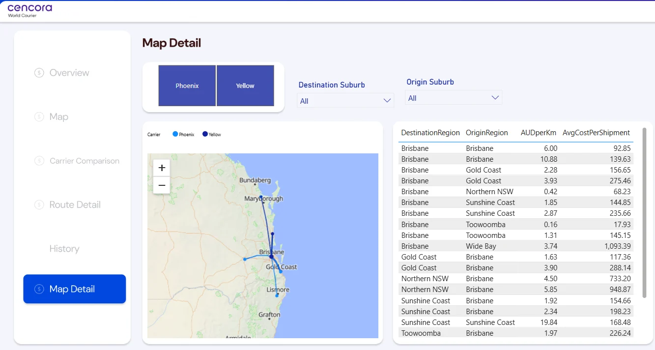 Map Detail page: routes on the map and a table of cost per km and average cost per shipment for each origin and destination region.